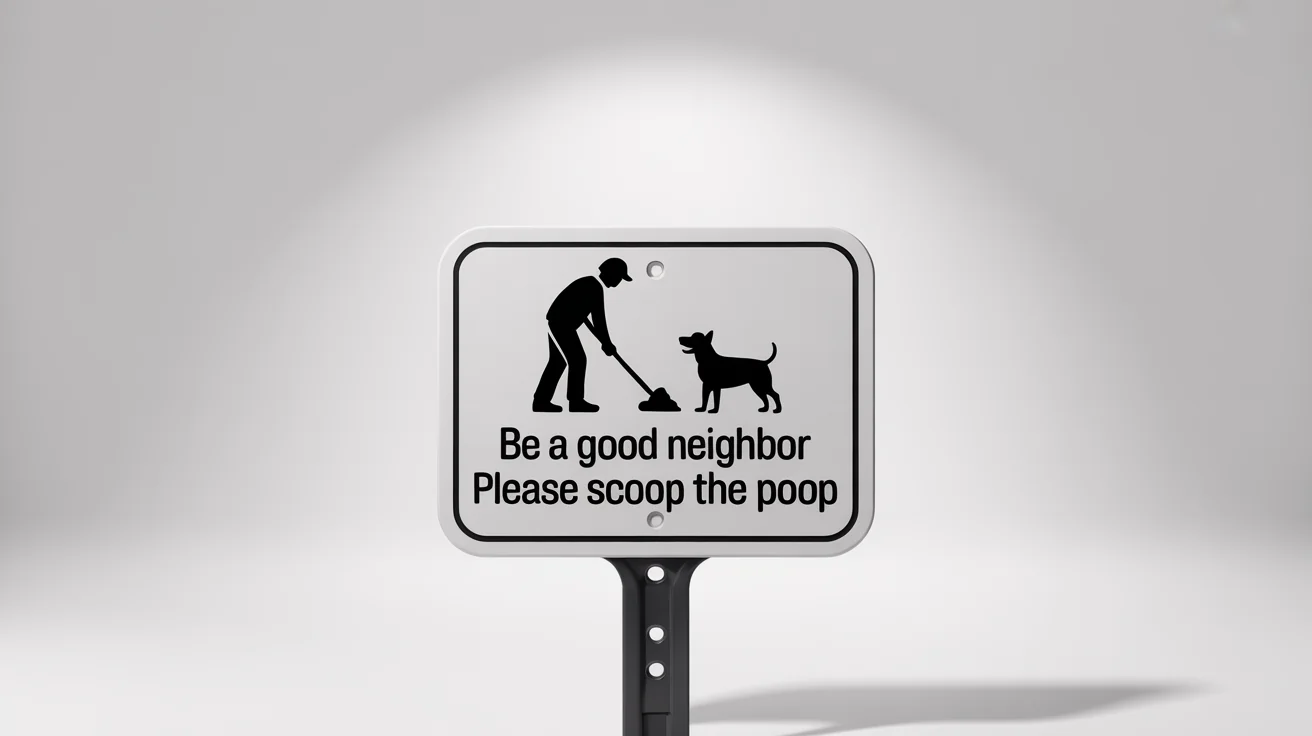 A modern white sign on a black stake against a white background, featuring a graphic of a person cleaning up after a dog and the text 'Be a good neighbor. Please scoop the poop.'