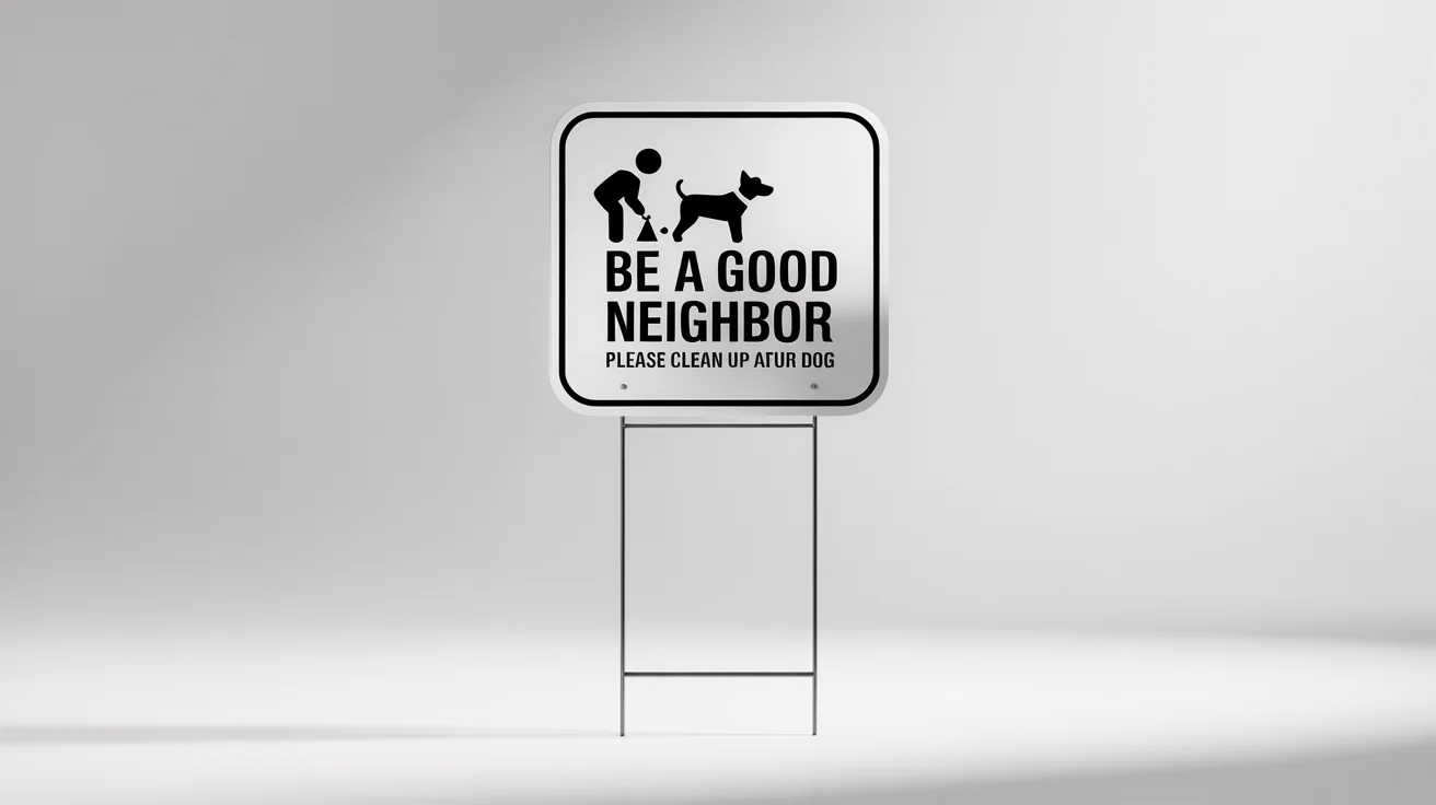 A modern, white yard sign on a metal stake, featuring a graphic of a person cleaning up after a dog and the text 'BE A GOOD NEIGHBOR, Please Clean Up After Your Dog'.