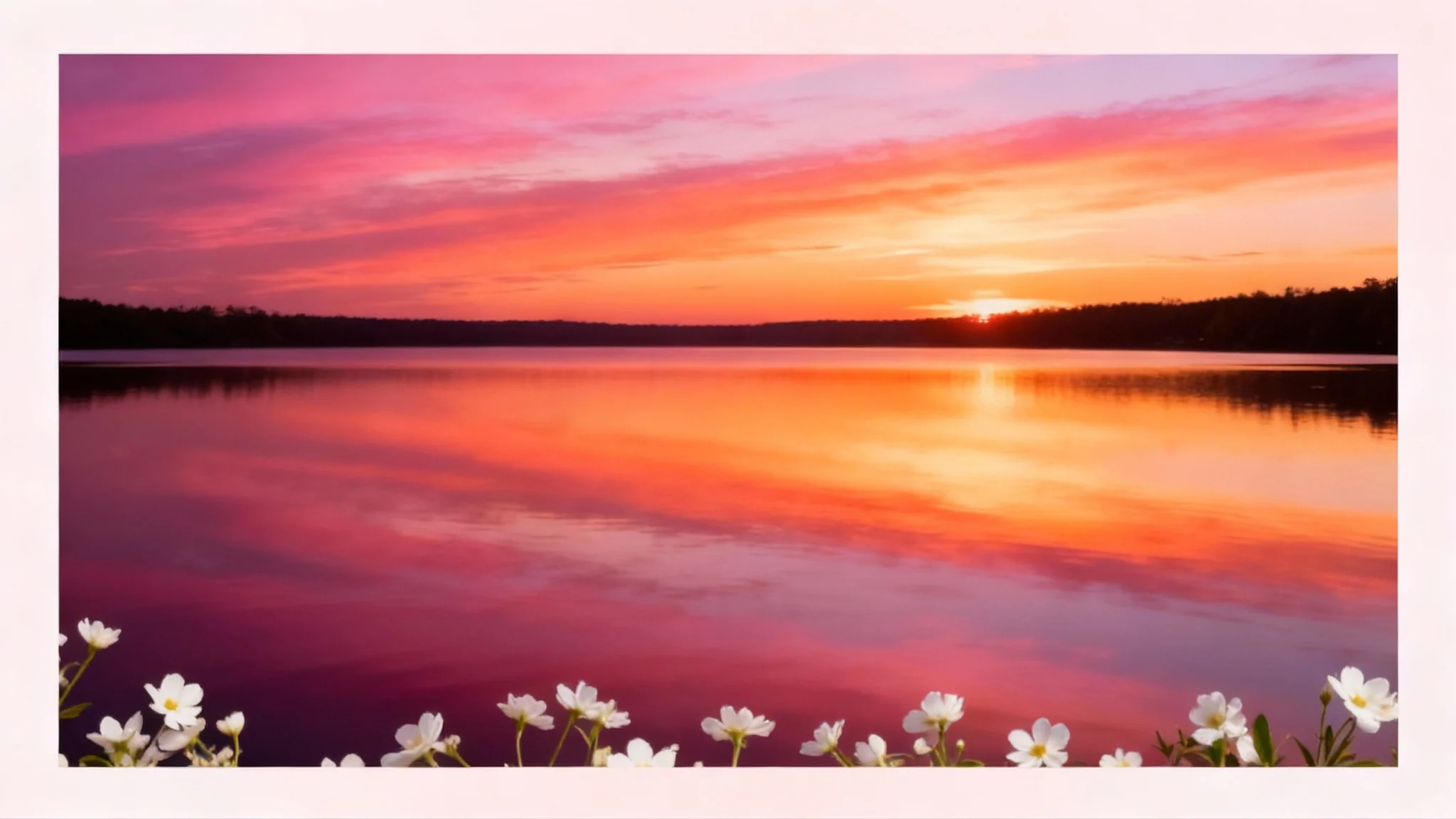 A vibrant landscape photo of a sunset over a lake, framed with a wide, soft pastel-colored border demonstrating the 'add padding to image' feature.