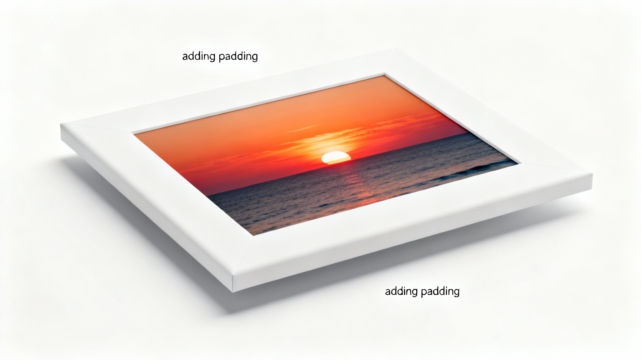A beautiful landscape photo of a sunset over the ocean, framed with a thick white border to illustrate the concept of adding padding to an image.