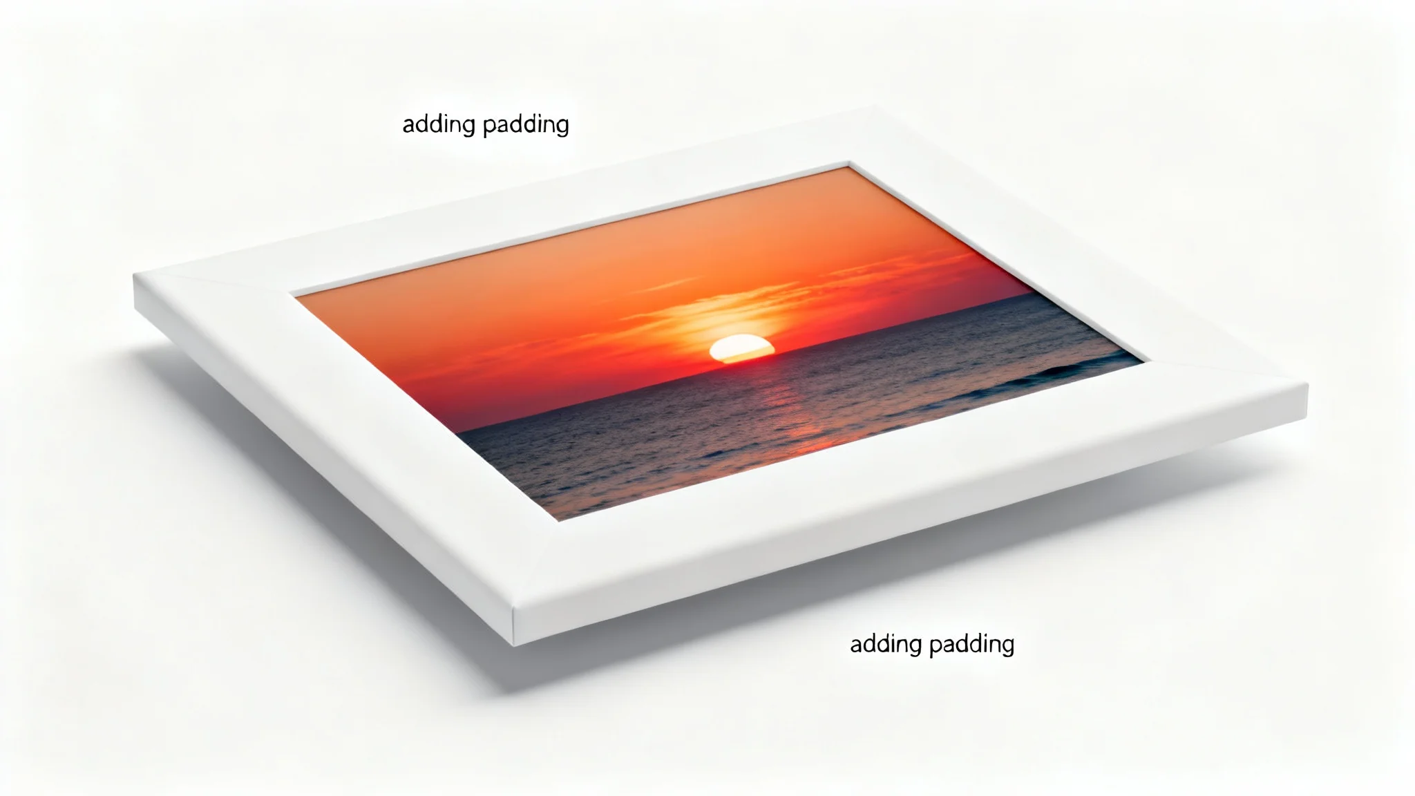 A beautiful landscape photo of a sunset over the ocean, framed with a thick white border to illustrate the concept of adding padding to an image.