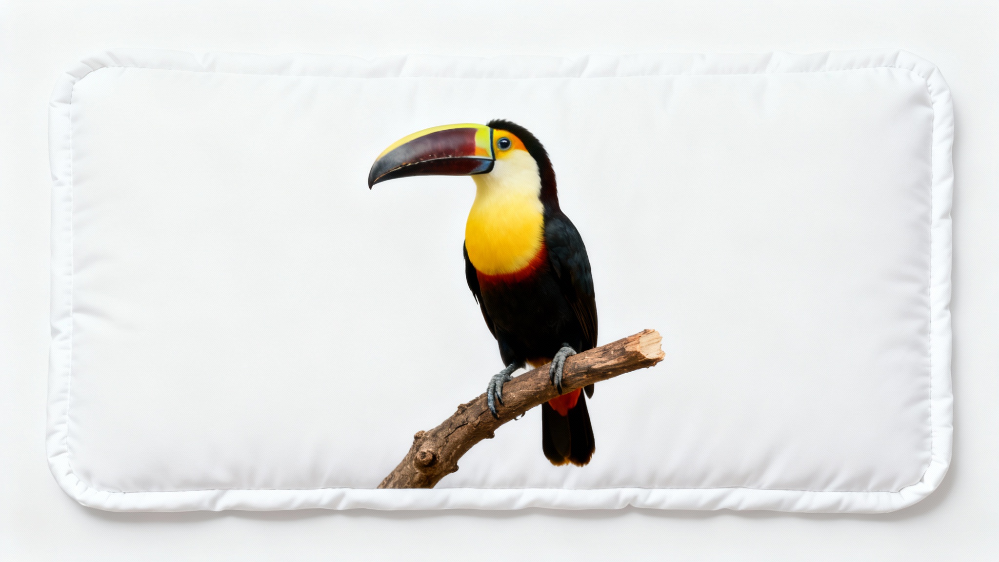 A photograph of a colorful toucan, which has a thick white border added around it to demonstrate image padding, all set against a plain white background.