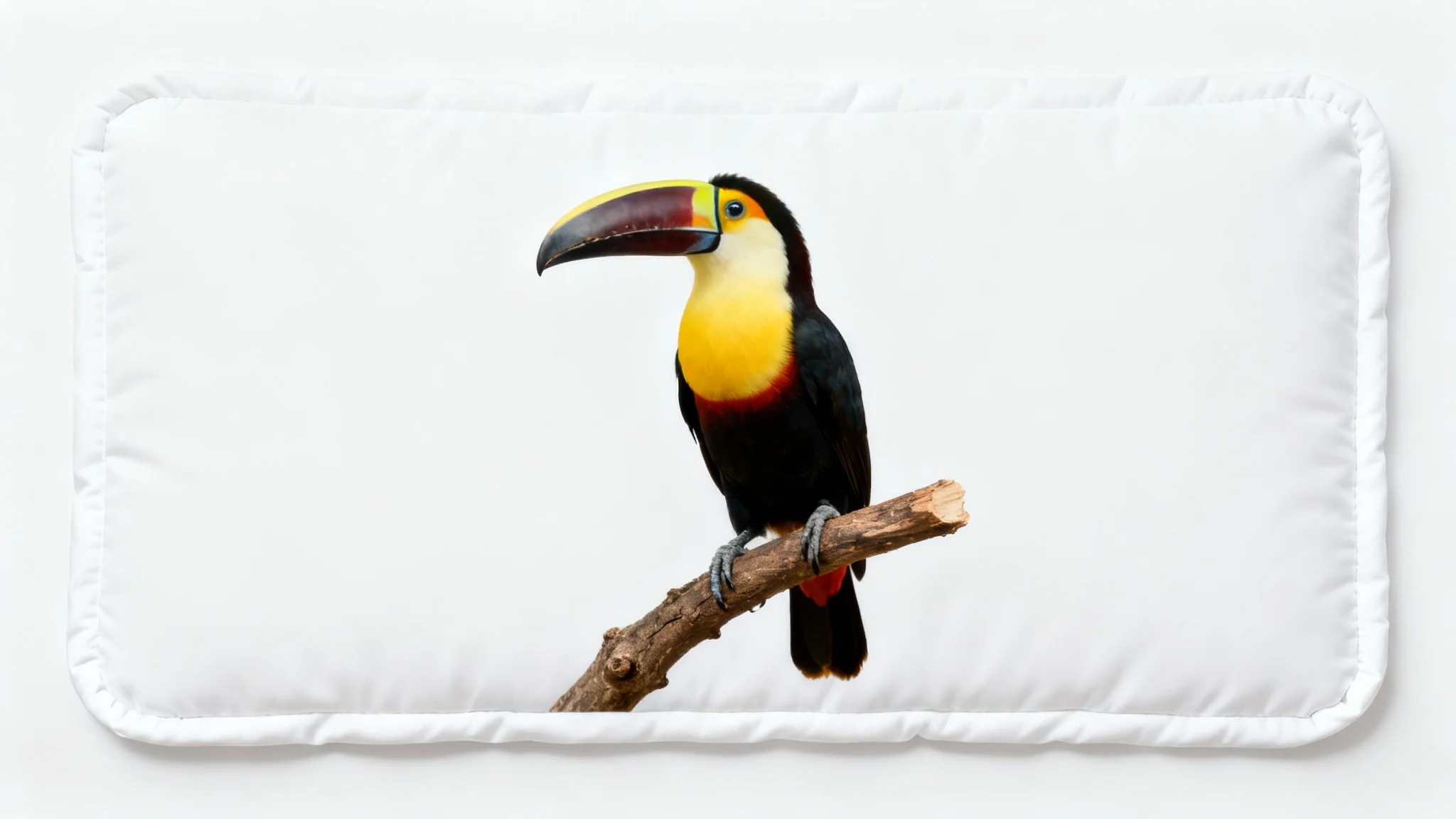 A photograph of a colorful toucan, which has a thick white border added around it to demonstrate image padding, all set against a plain white background.
