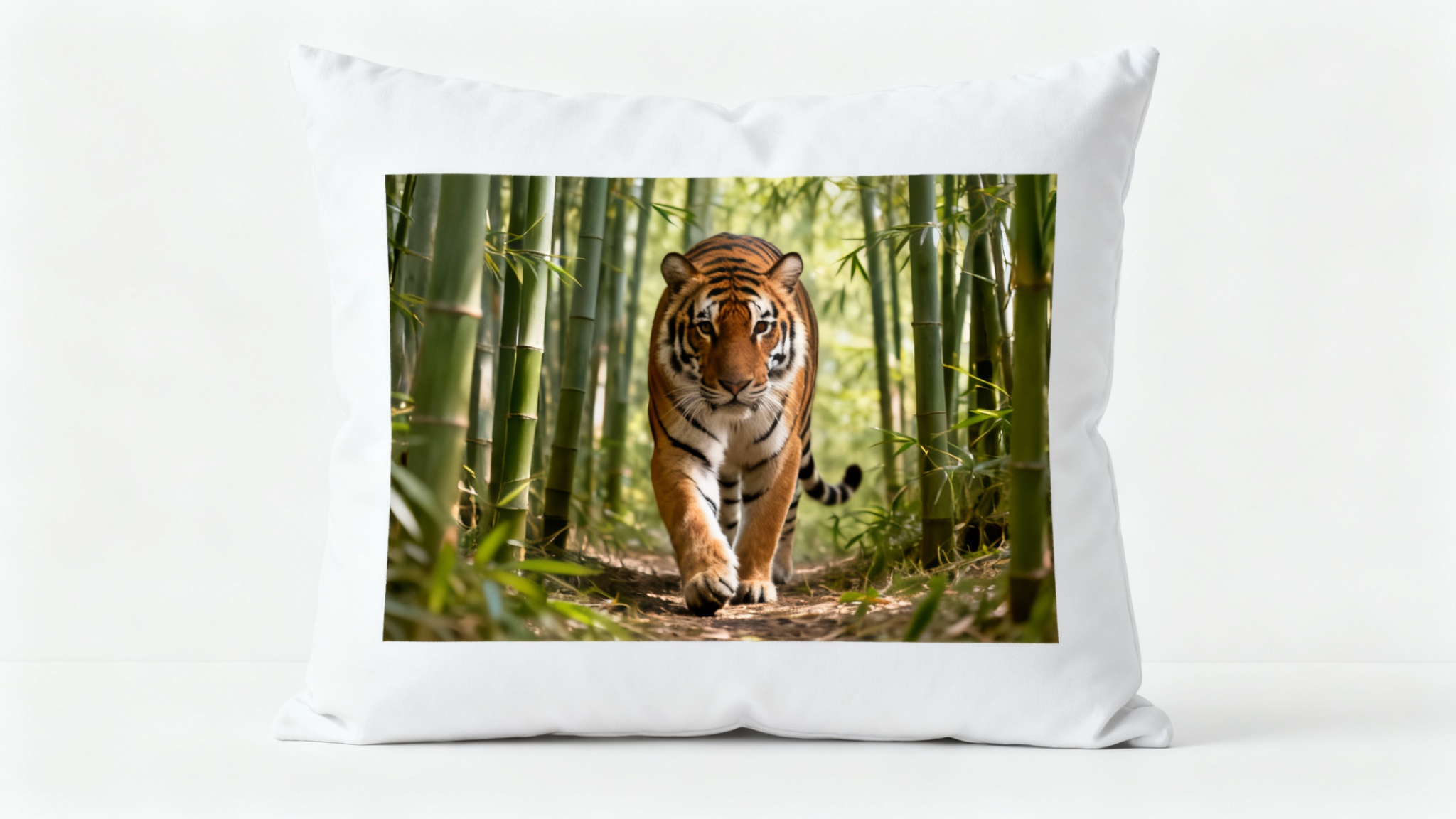 A central photo of a tiger in a bamboo forest, surrounded by a thick, clean white border to illustrate the concept of adding padding to an image.