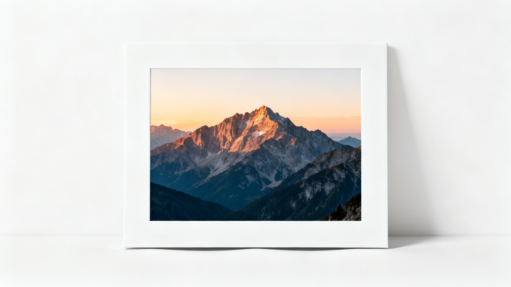 A minimalist mockup displaying a photograph of a mountain range. The photo has a prominent white border around it, illustrating the feature of adding padding to an image.
