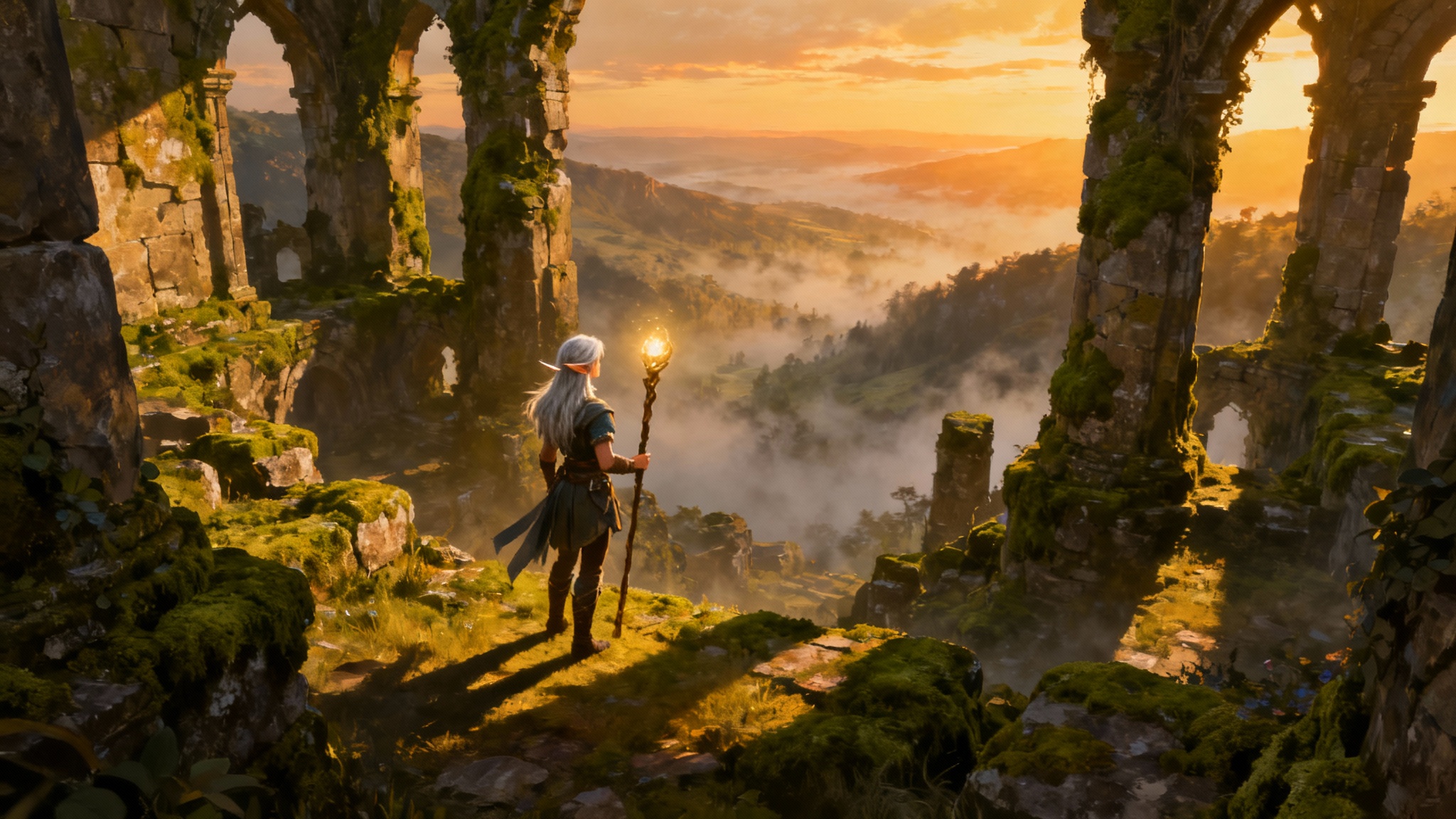 A fantasy character scene showing a female elf adventurer in ancient ruins at sunset, rendered in a detailed digital painting style.