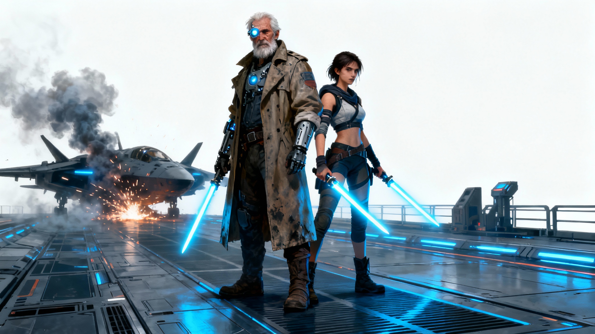 A sci-fi character scene mockup showing a grizzled old space captain and a young female rogue standing back-to-back in a spaceship hangar, ready for action.