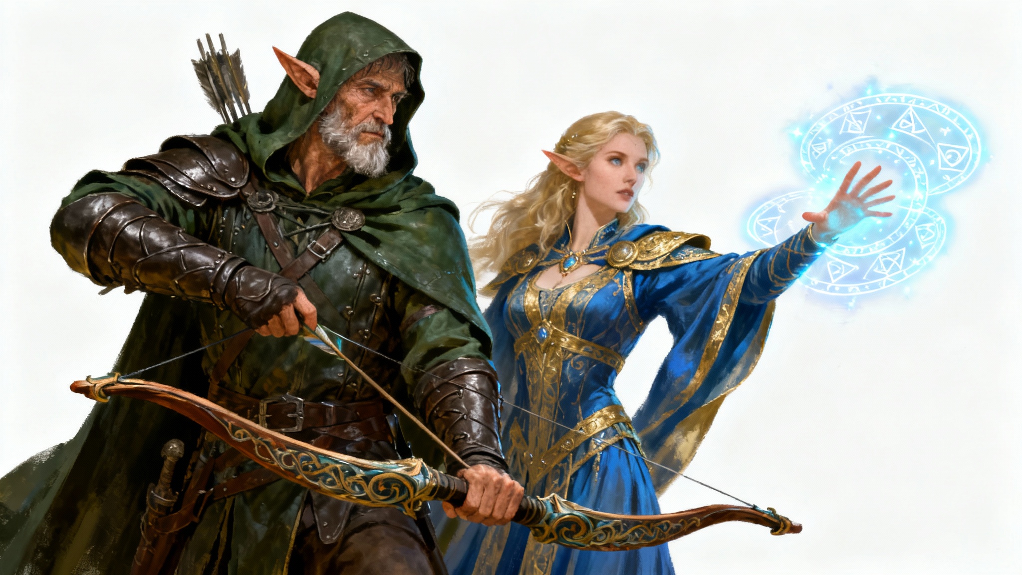 A detailed concept art illustration of a fantasy character scene, showing an elven ranger with a bow and a human sorceress casting a spell, standing ready for adventure.