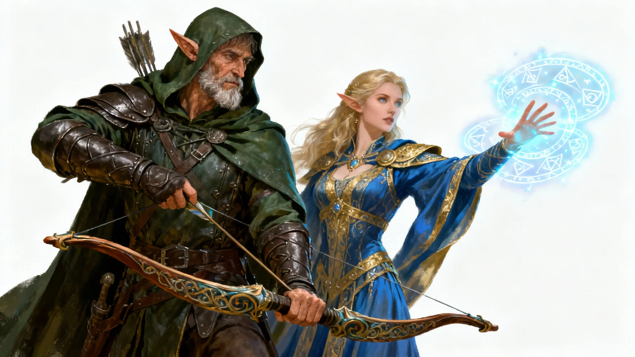 A detailed concept art illustration of a fantasy character scene, showing an elven ranger with a bow and a human sorceress casting a spell, standing ready for adventure.