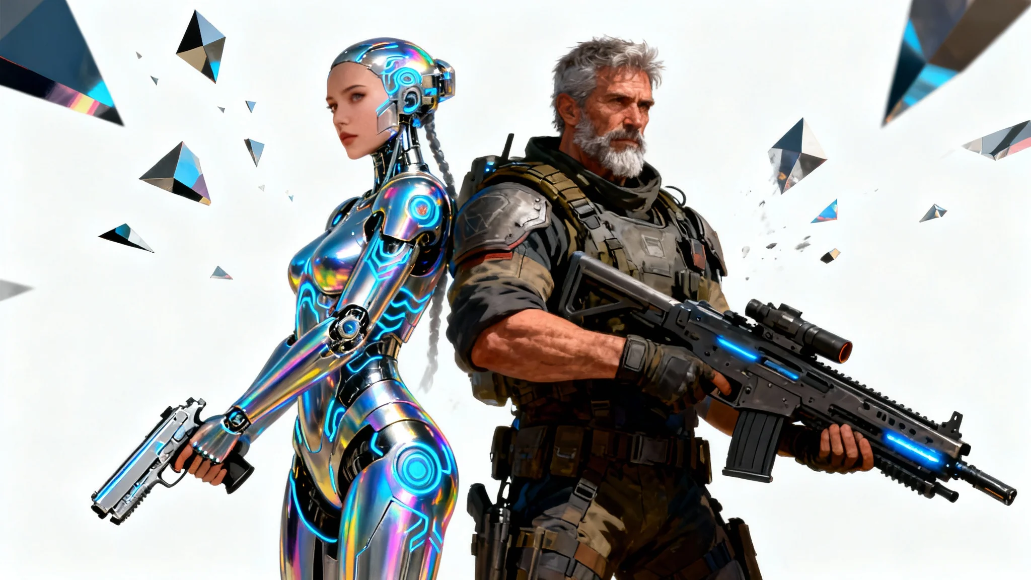 A hyper-realistic digital painting of a female android and a space mercenary standing back-to-back with futuristic weapons, isolated on a white background to showcase a character scene.