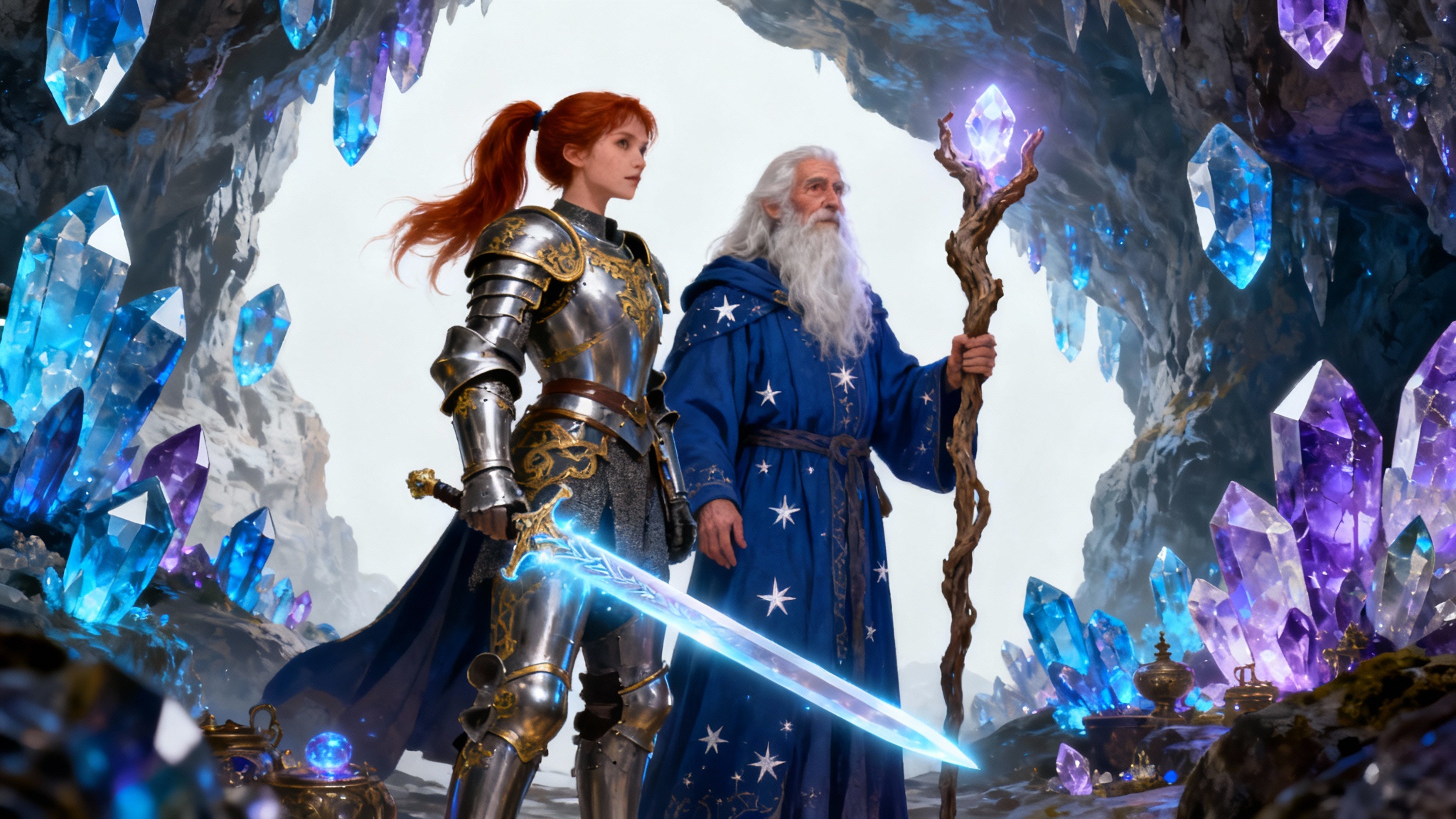 A detailed digital illustration of a female knight and an elderly wizard standing in a glowing crystal cave, ready for an adventure.