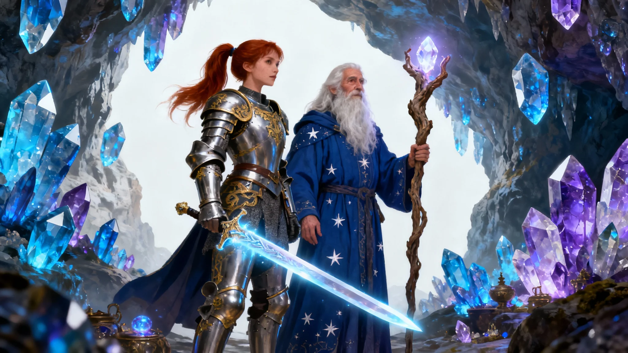 A detailed digital illustration of a female knight and an elderly wizard standing in a glowing crystal cave, ready for an adventure.