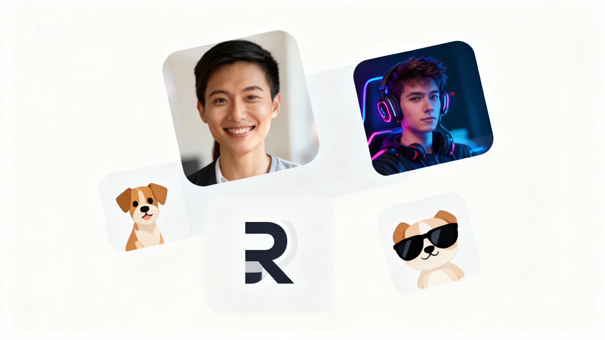 A hero image collage displaying a variety of professionally designed square profile pictures. Examples include a woman's headshot, an illustrated gamer avatar, a cartoon dog, and a minimalist initial logo, all arranged on a clean white background.