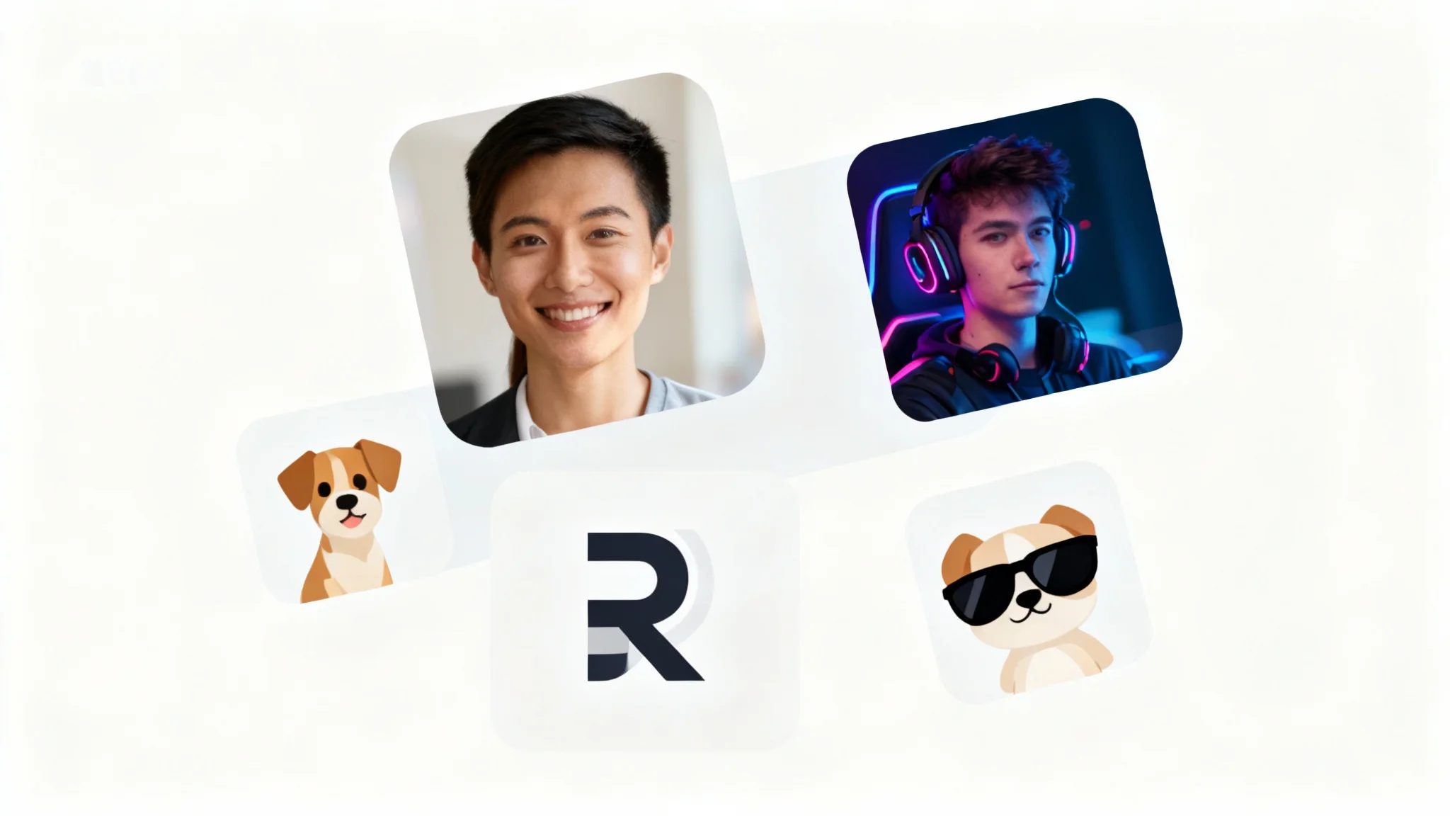 A hero image collage displaying a variety of professionally designed square profile pictures. Examples include a woman's headshot, an illustrated gamer avatar, a cartoon dog, and a minimalist initial logo, all arranged on a clean white background.