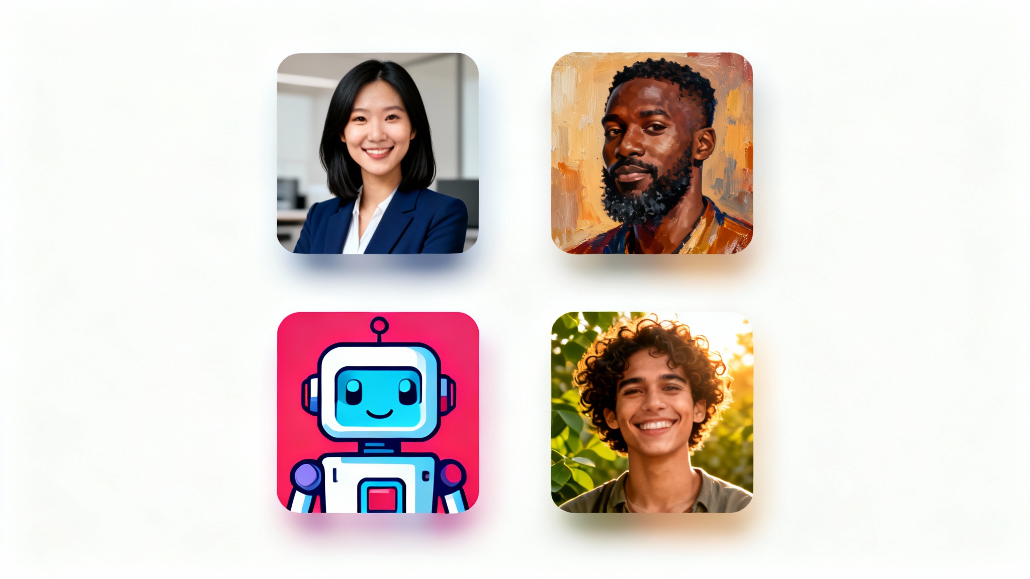 A grid of four sample square profile pictures, including a professional corporate headshot, an artistic portrait, a robot illustration, and a candid outdoor photo, against a white background.