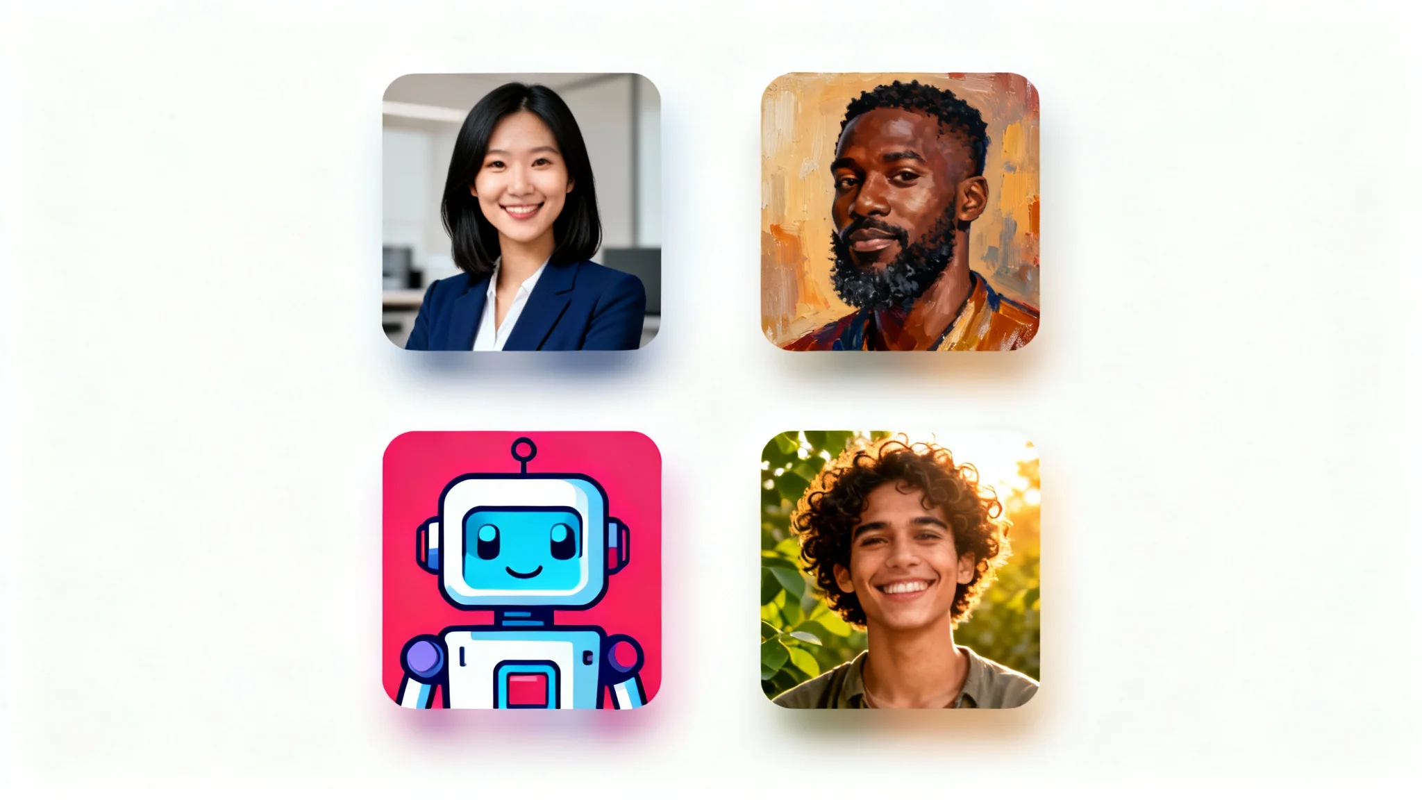 A grid of four sample square profile pictures, including a professional corporate headshot, an artistic portrait, a robot illustration, and a candid outdoor photo, against a white background.