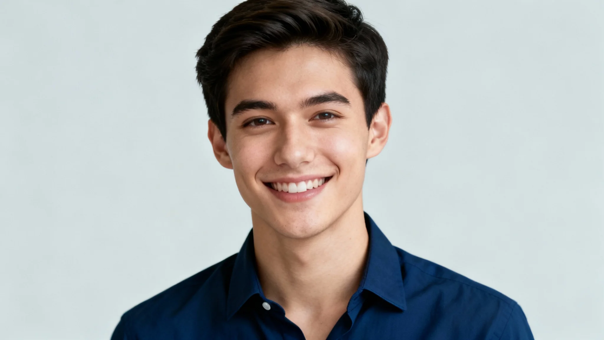 A professional square profile picture of a smiling young man in a blue shirt against a solid light grey background.
