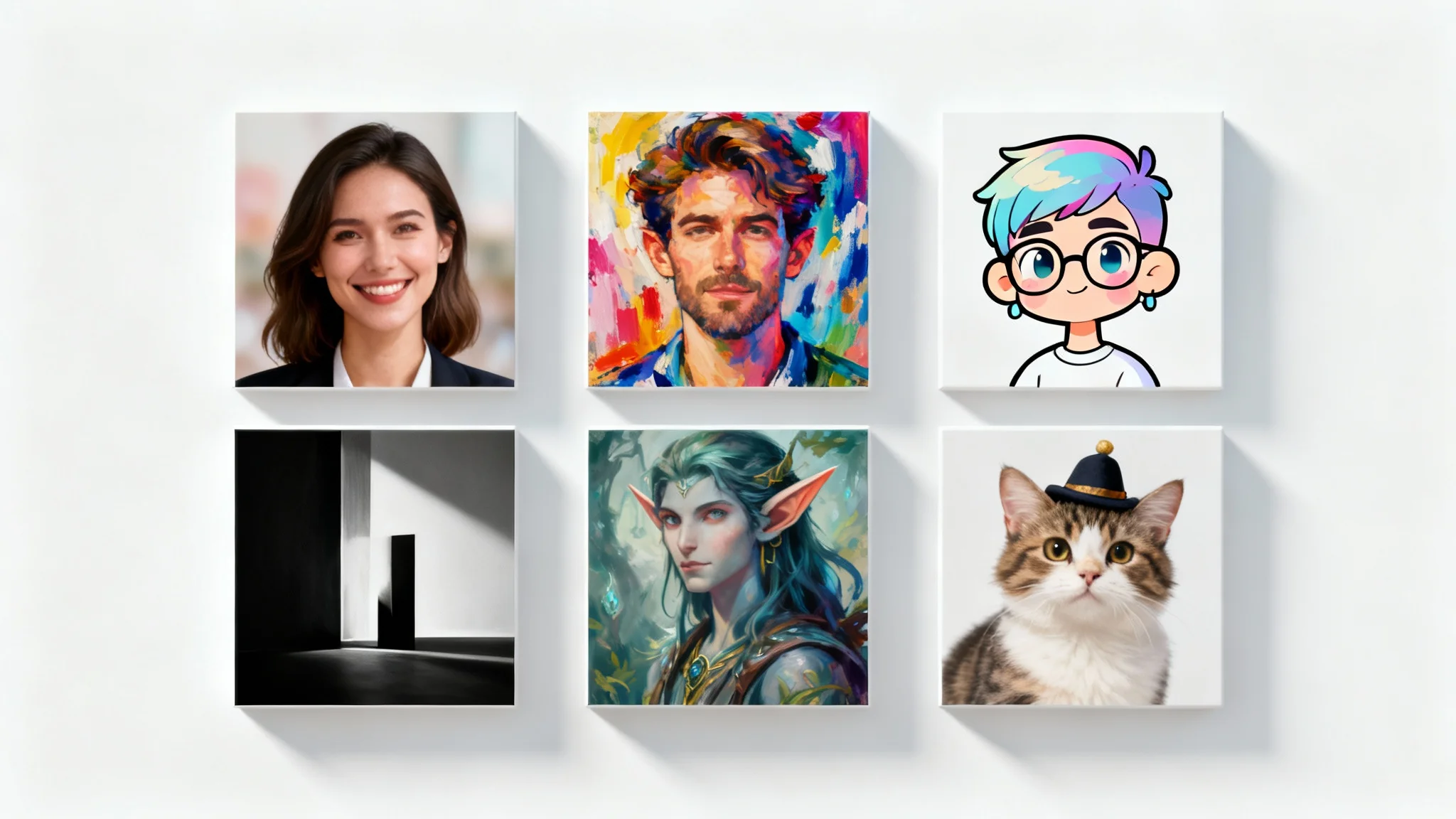 A 3x3 grid of diverse square profile pictures on a white background, demonstrating various styles like photorealistic headshots, painterly portraits, and cartoon avatars.