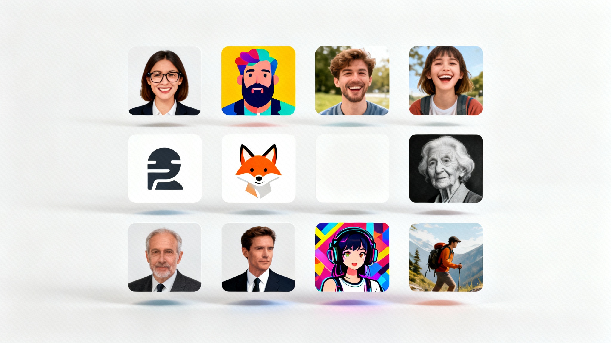 A grid of nine diverse square profile pictures, showcasing a mix of professional photos, illustrations, and abstract designs for different personas, all on a clean white background.