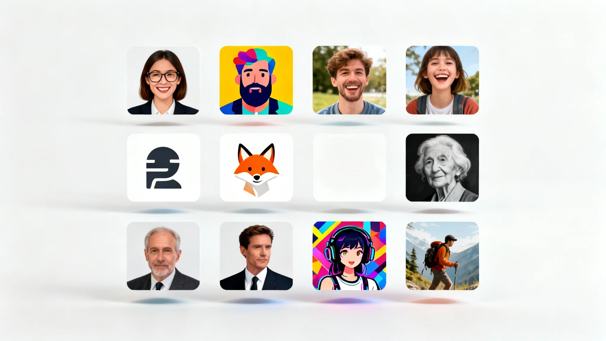 A grid of nine diverse square profile pictures, showcasing a mix of professional photos, illustrations, and abstract designs for different personas, all on a clean white background.