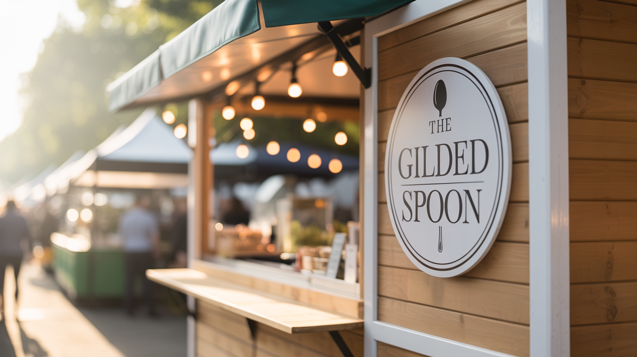 A professionally designed logo for 'The Gilded Spoon' food stall, shown on a sign hanging from a modern, rustic stall at a sunny outdoor market.