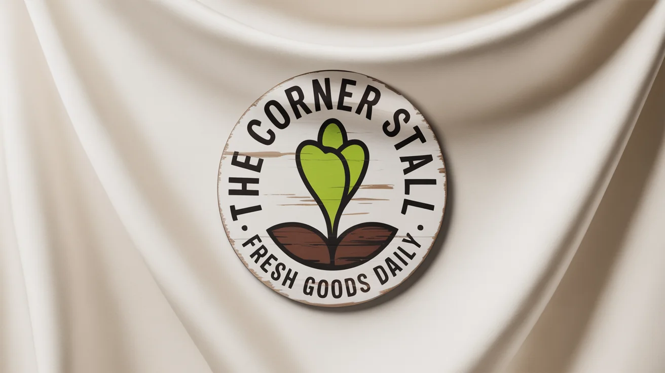 A mockup of a modern, circular logo for 'The Corner Stall', featuring a green sprout icon and the tagline 'Fresh Goods Daily', presented on a wooden sign against a white background.