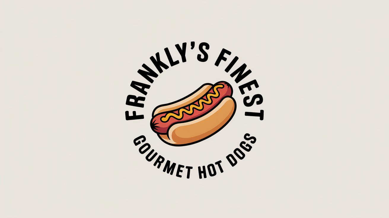 A professional circular logo for a food stall named 'Frankly's Finest Gourmet Hot Dogs', featuring a stylized hot dog, presented as a clean mockup on a white background.