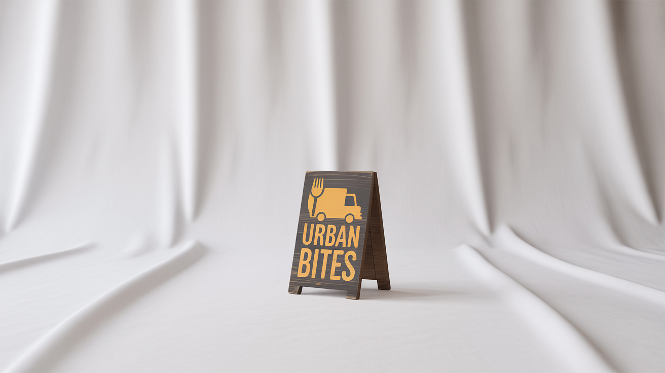 A mockup of a rustic wooden sign for a food stall, featuring a logo with the text 'Urban Bites' and an icon of a fork and a food truck, set against a plain white background.