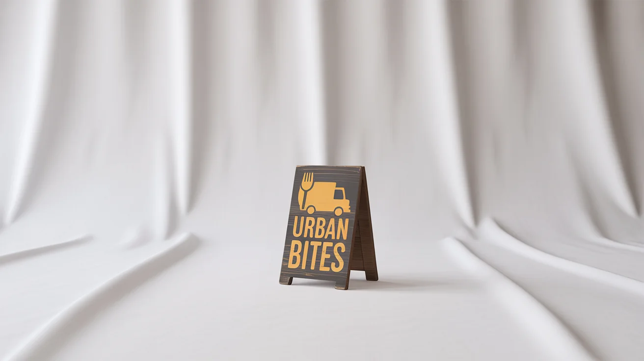 A mockup of a rustic wooden sign for a food stall, featuring a logo with the text 'Urban Bites' and an icon of a fork and a food truck, set against a plain white background.