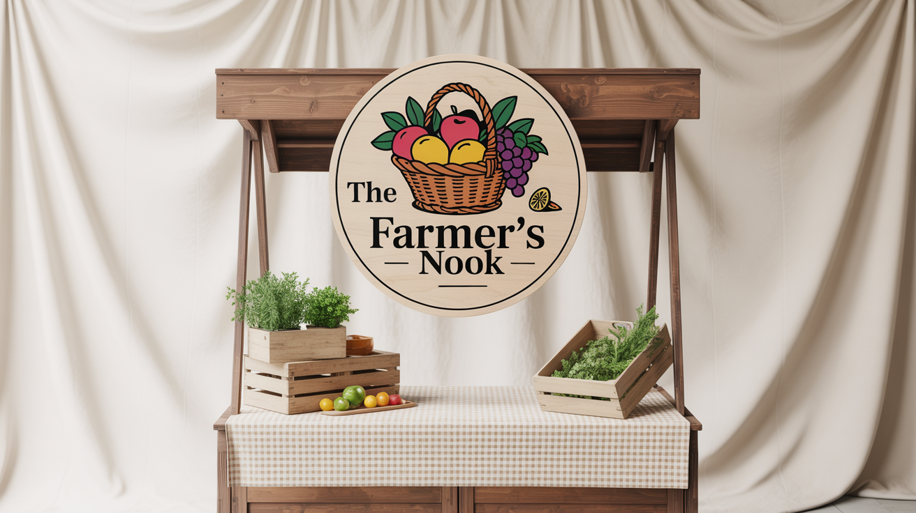 A professional mockup of a wooden market stall against a white background, featuring a circular sign with a logo for 'The Farmer's Nook'.