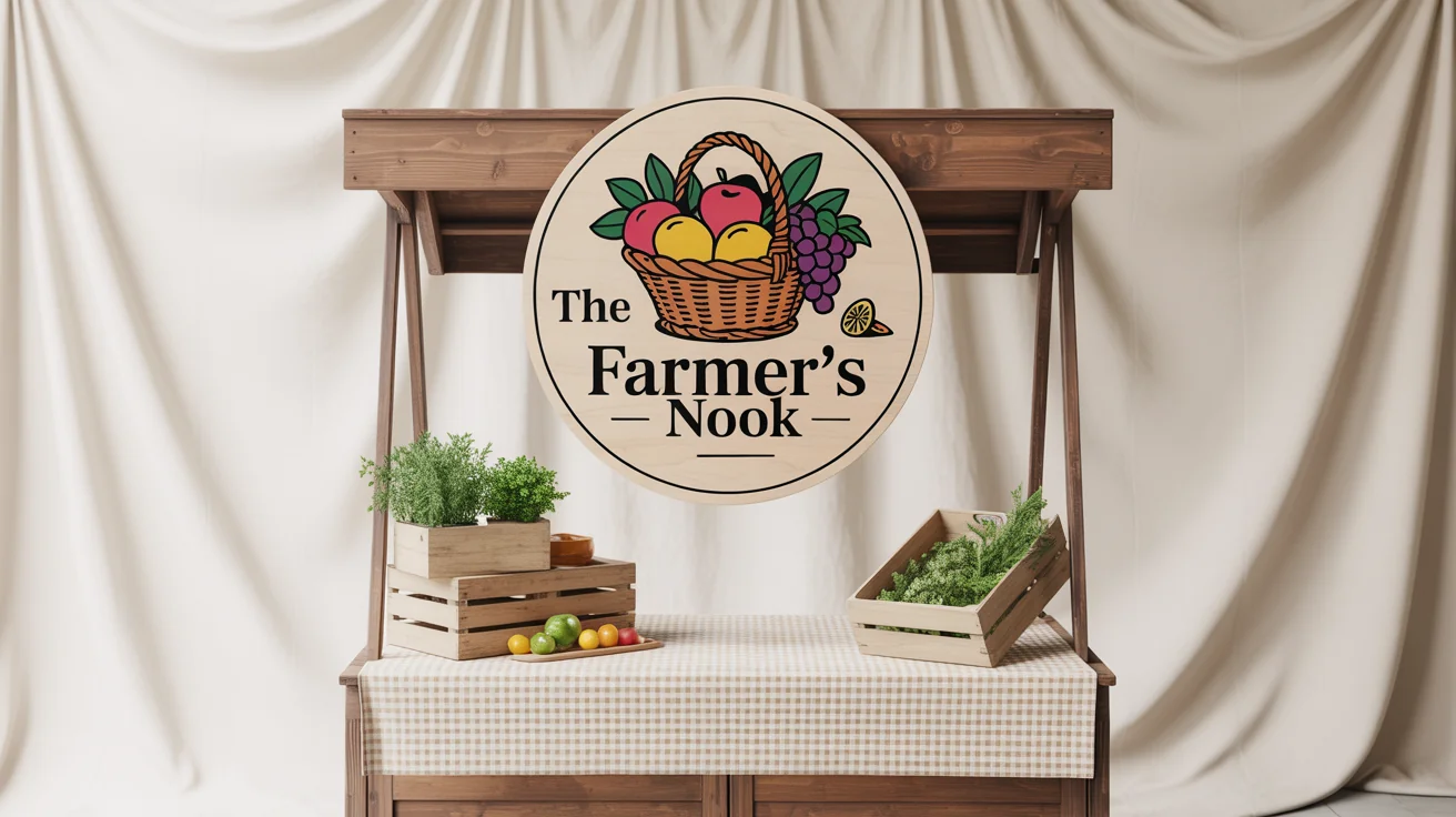 A professional mockup of a wooden market stall against a white background, featuring a circular sign with a logo for 'The Farmer's Nook'.