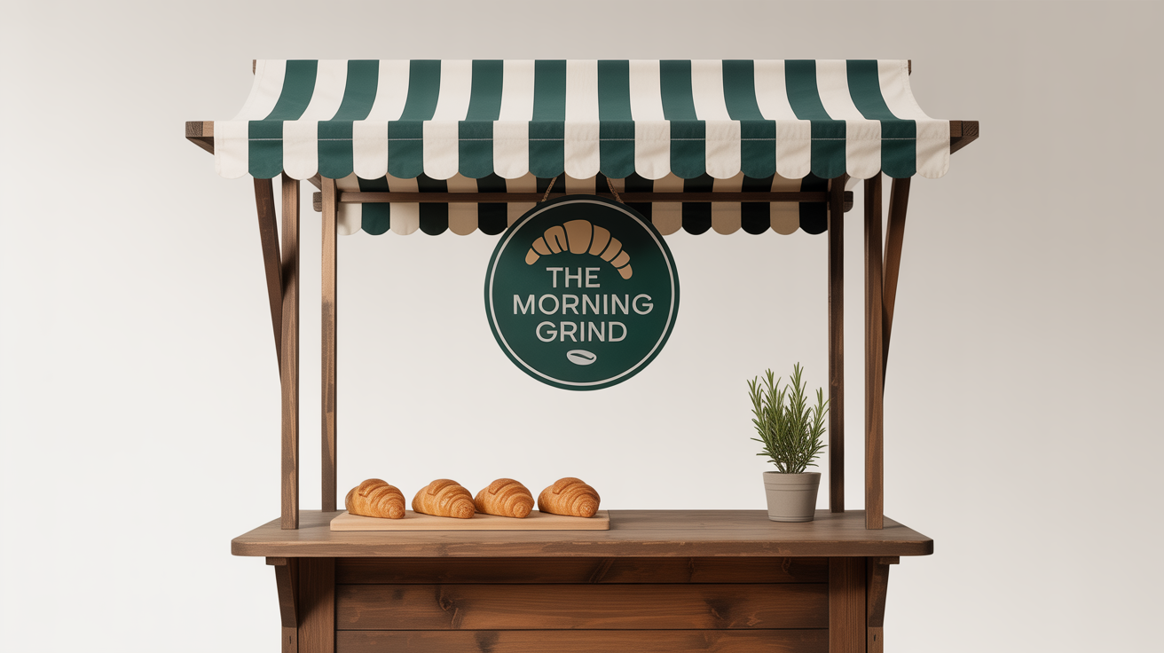A professional mockup of a wooden market stall with a logo for 'The Morning Grind' coffee and pastry shop, set against a clean white background.