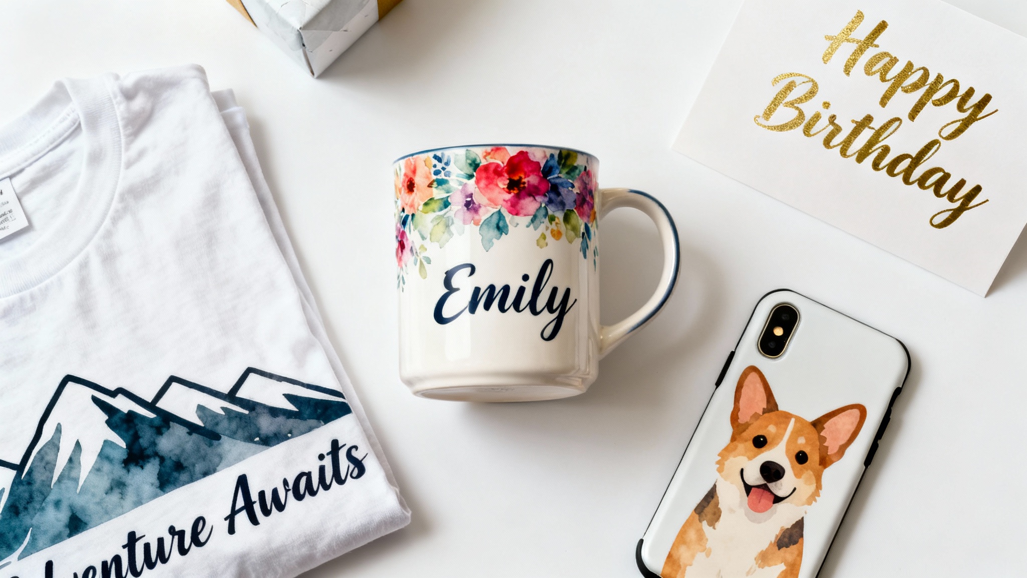 An eye-catching flat lay of various personalized gifts you can design, including a custom mug, t-shirt, phone case, and greeting card, all arranged neatly on a white background.