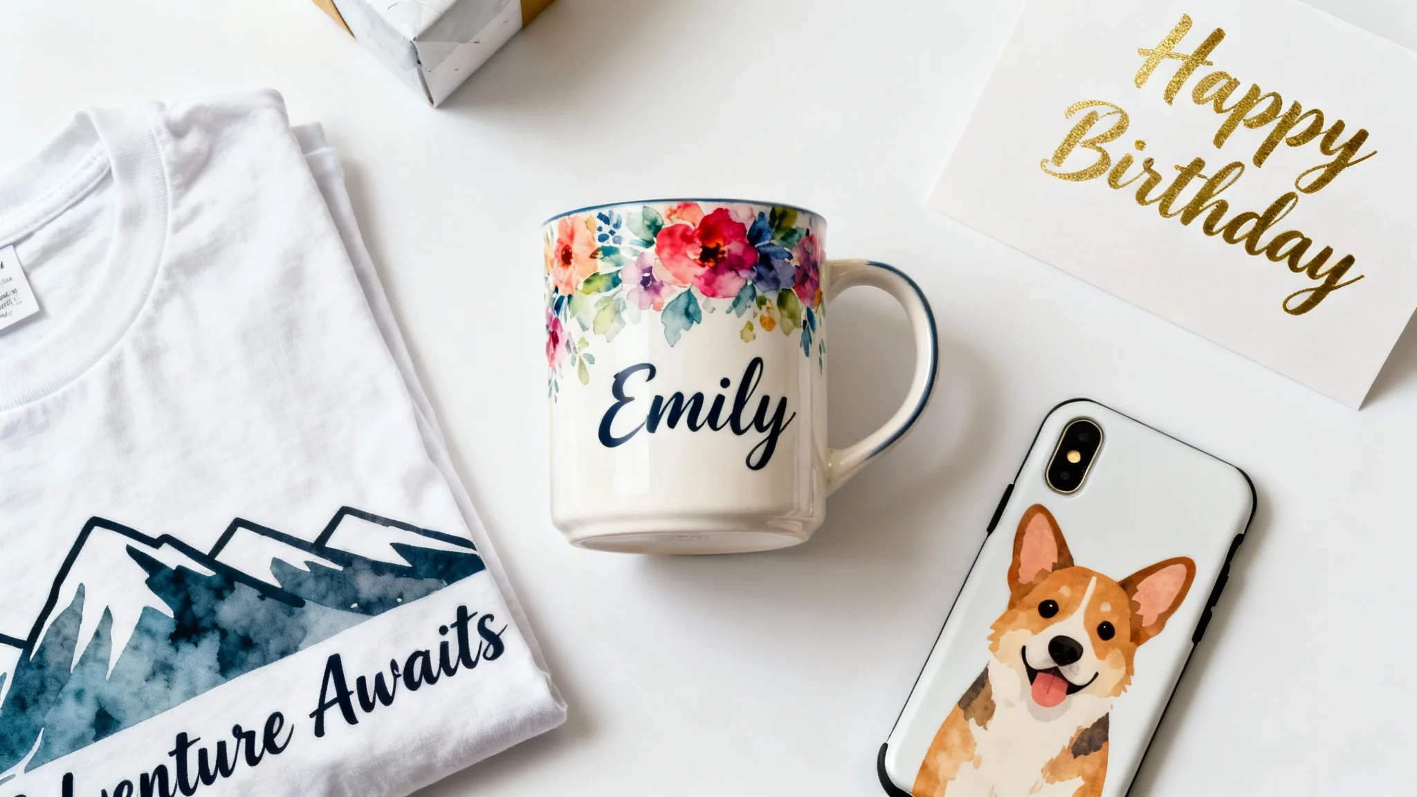 An eye-catching flat lay of various personalized gifts you can design, including a custom mug, t-shirt, phone case, and greeting card, all arranged neatly on a white background.