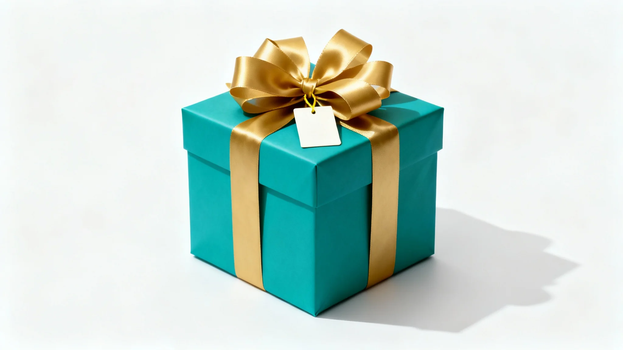 A photorealistic image of a single gift box wrapped in matte teal paper with a large gold satin bow on top, sitting on a clean white background.