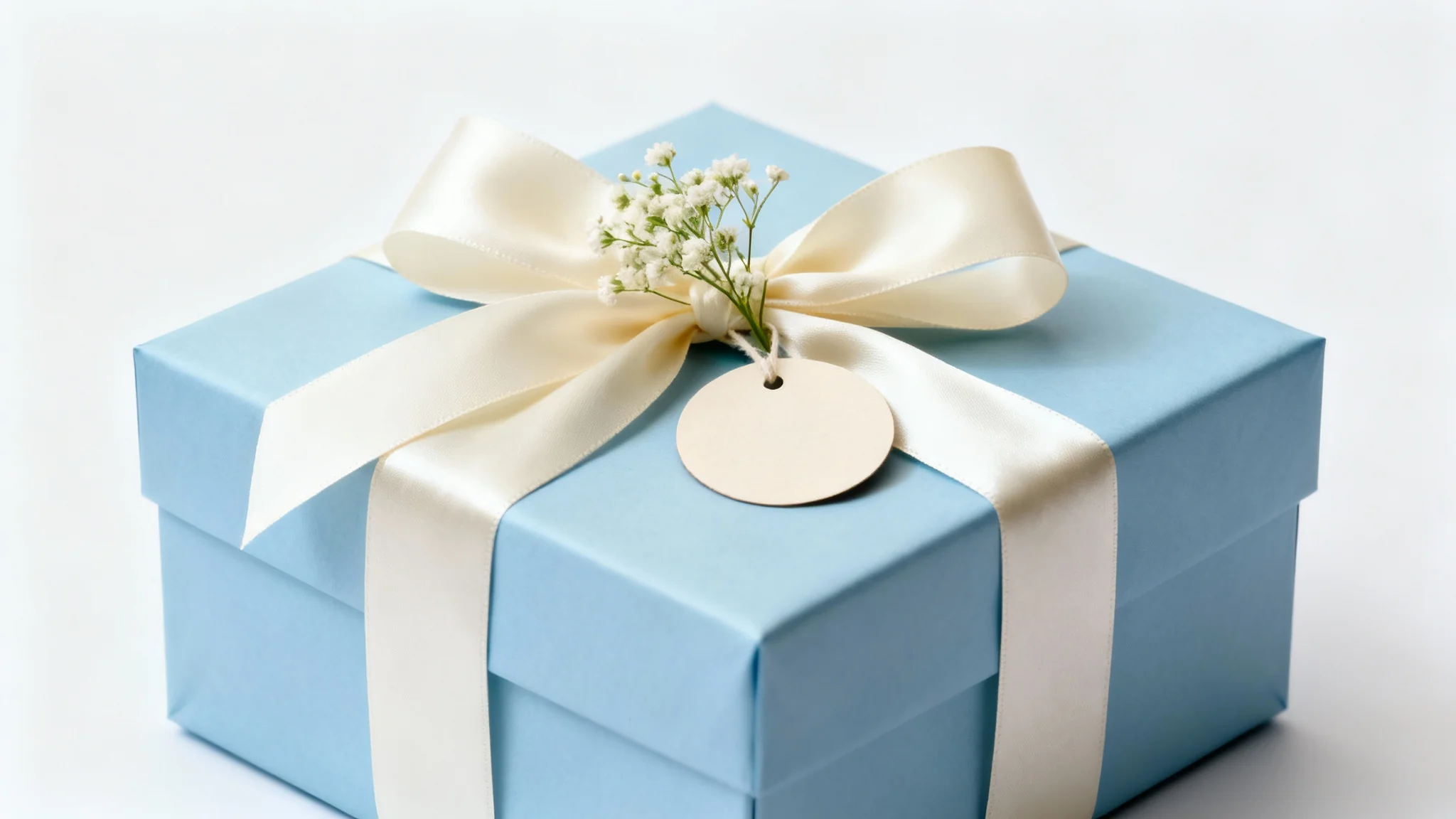 An elegantly wrapped pastel blue gift box with a wide cream satin ribbon tied in a perfect bow and a small sprig of baby's breath, set against a clean white background.