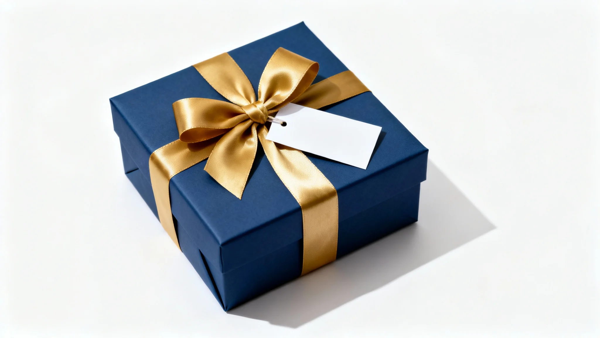 An elegantly wrapped square gift box with deep blue paper and a large gold satin bow, sitting on a pure white background.