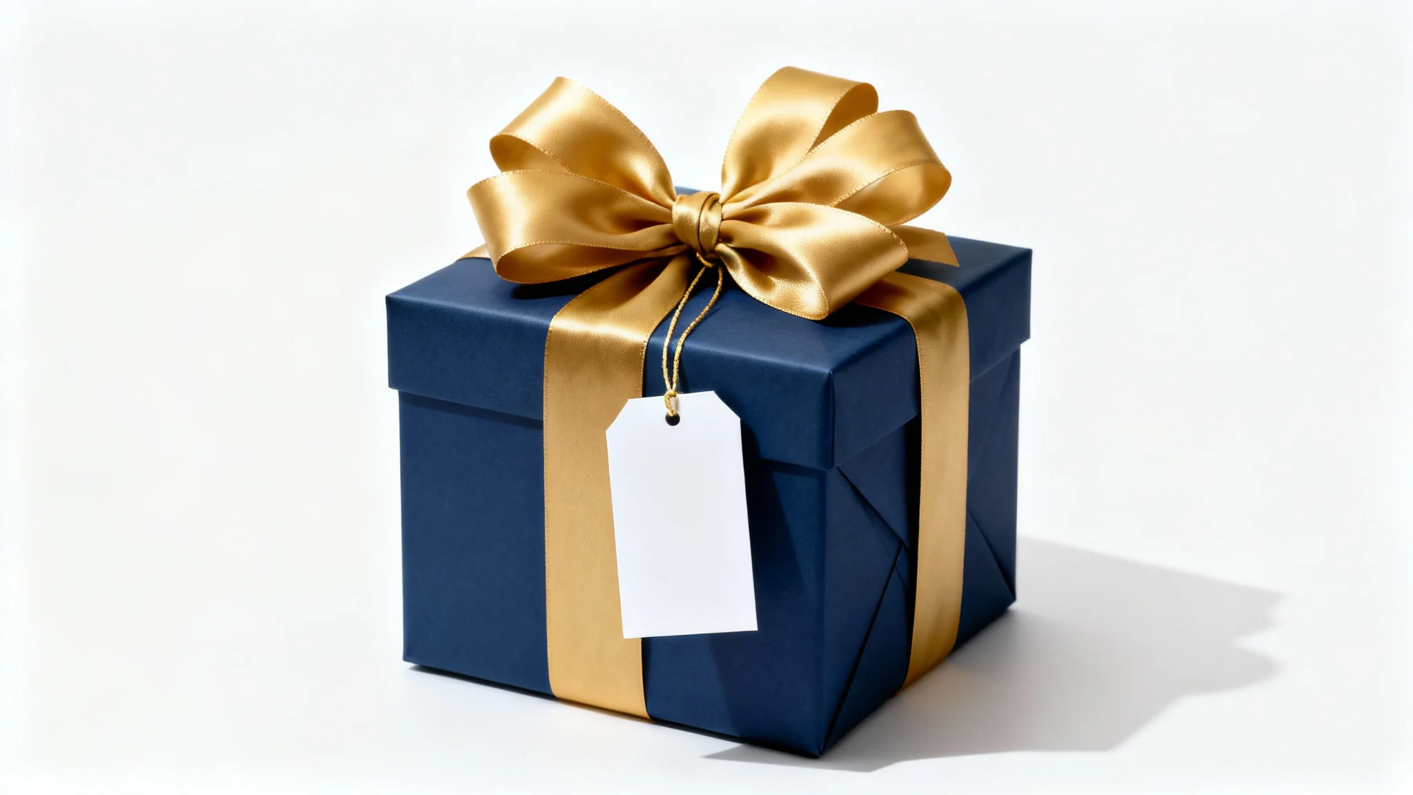 A studio photograph of a single, elegantly wrapped gift box in navy blue paper with a large gold satin bow, set against a clean white background.