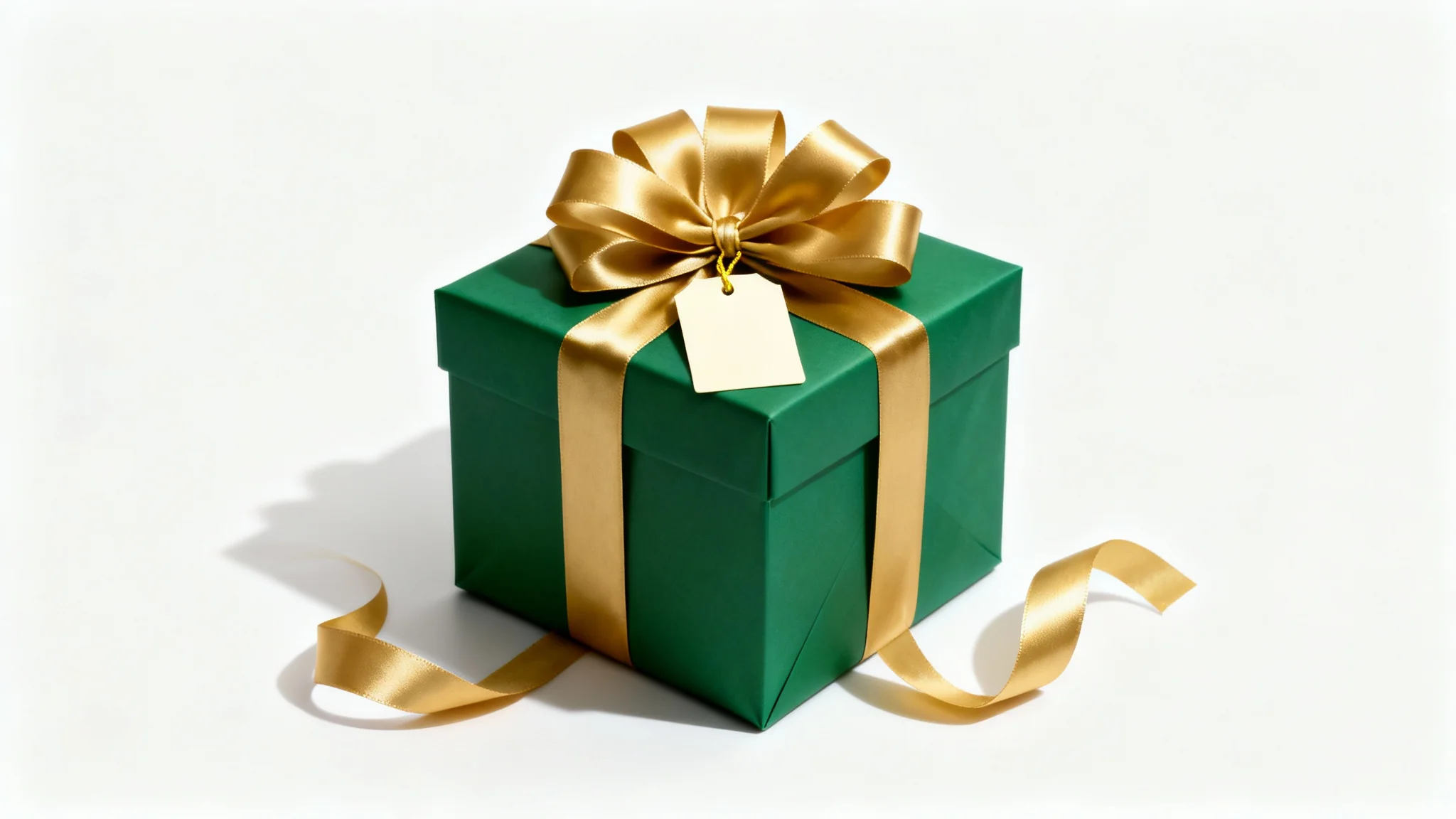 A photorealistic mockup of a single, elegantly wrapped gift box in emerald green paper with a large gold bow, set against a plain white background.