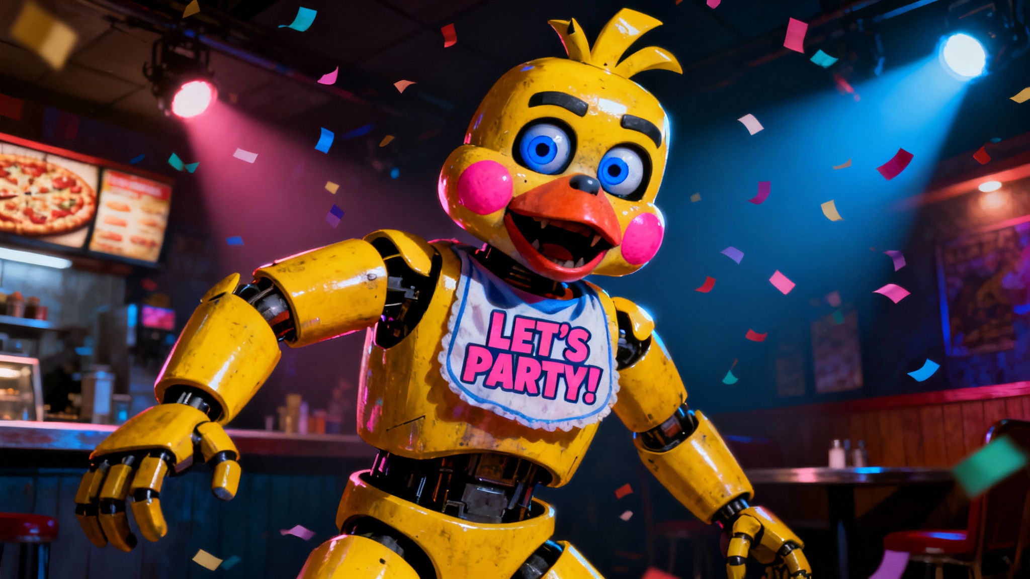 A dynamic and colorful digital artwork of Toy Chica from Five Nights at Freddy's, shown in a dark, party-themed pizzeria. She is lunging forward with her signature cupcake, and her bib says 'LET'S PARTY!'.