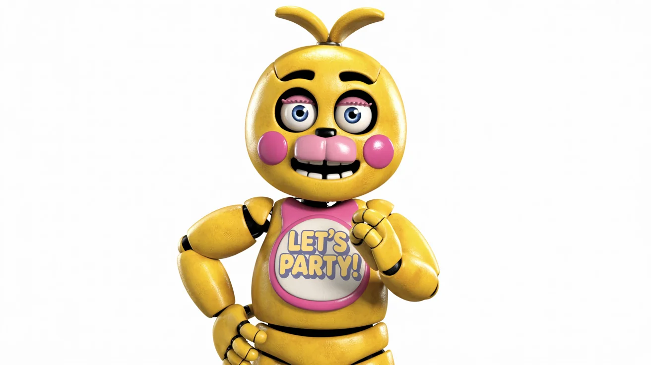 A 3D digital art piece of Toy Chica, the animatronic chicken, posing cheerfully against a plain white background. Her bib clearly says 'LET'S PARTY!'.