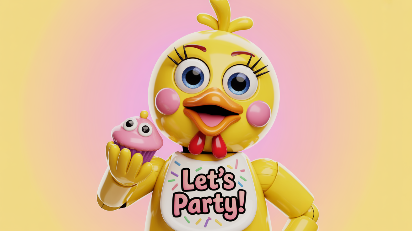 A stylized digital illustration of Toy Chica, a yellow animatronic chicken character, smiling and holding a pink cupcake. She wears a bib that says 'LET'S PARTY!' on a clean white background.