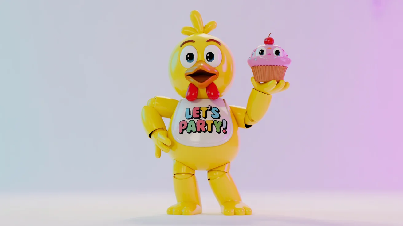 A vibrant 3D art piece of Toy Chica, the yellow animatronic chicken, smiling and holding a cupcake against a plain white background. Her bib has the words 'LET'S PARTY!' on it.
