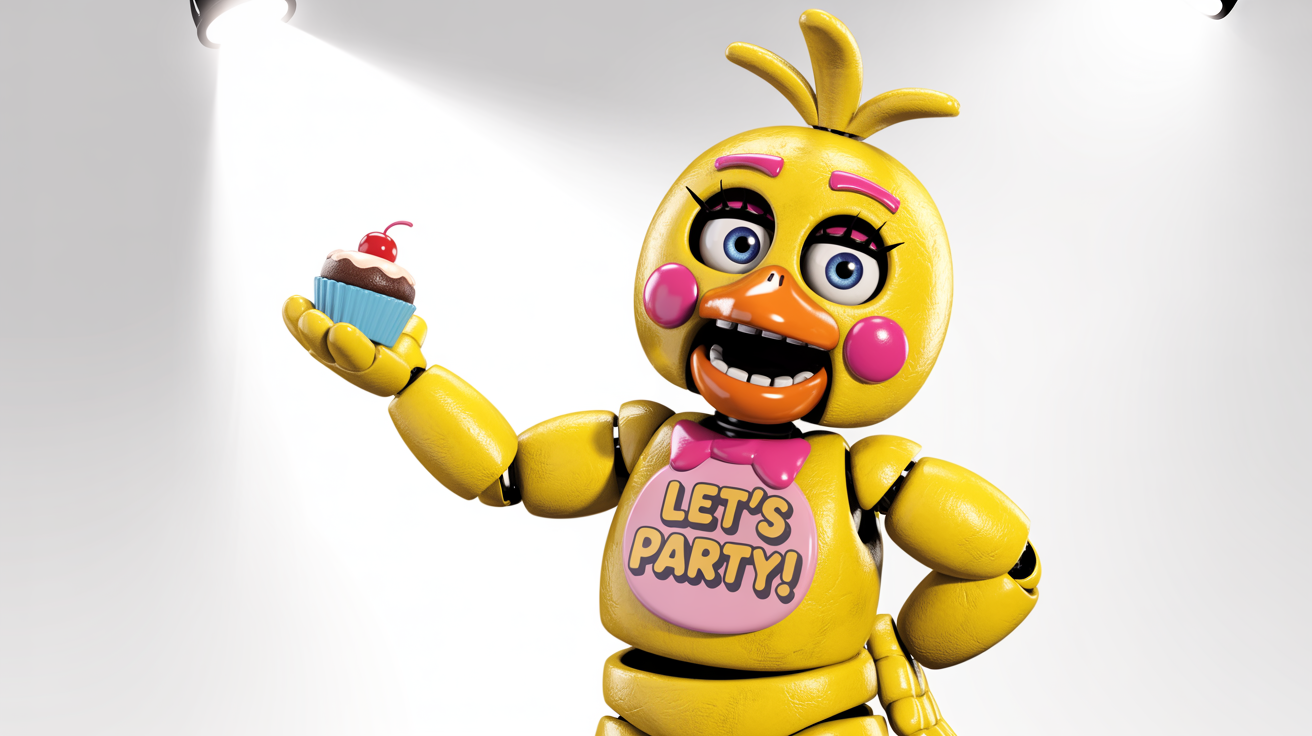 A digital art piece of Toy Chica, a yellow animatronic chicken, posing cheerfully against a white background. She is holding a pink cupcake and wearing a bib that reads 'LET'S PARTY!'.
