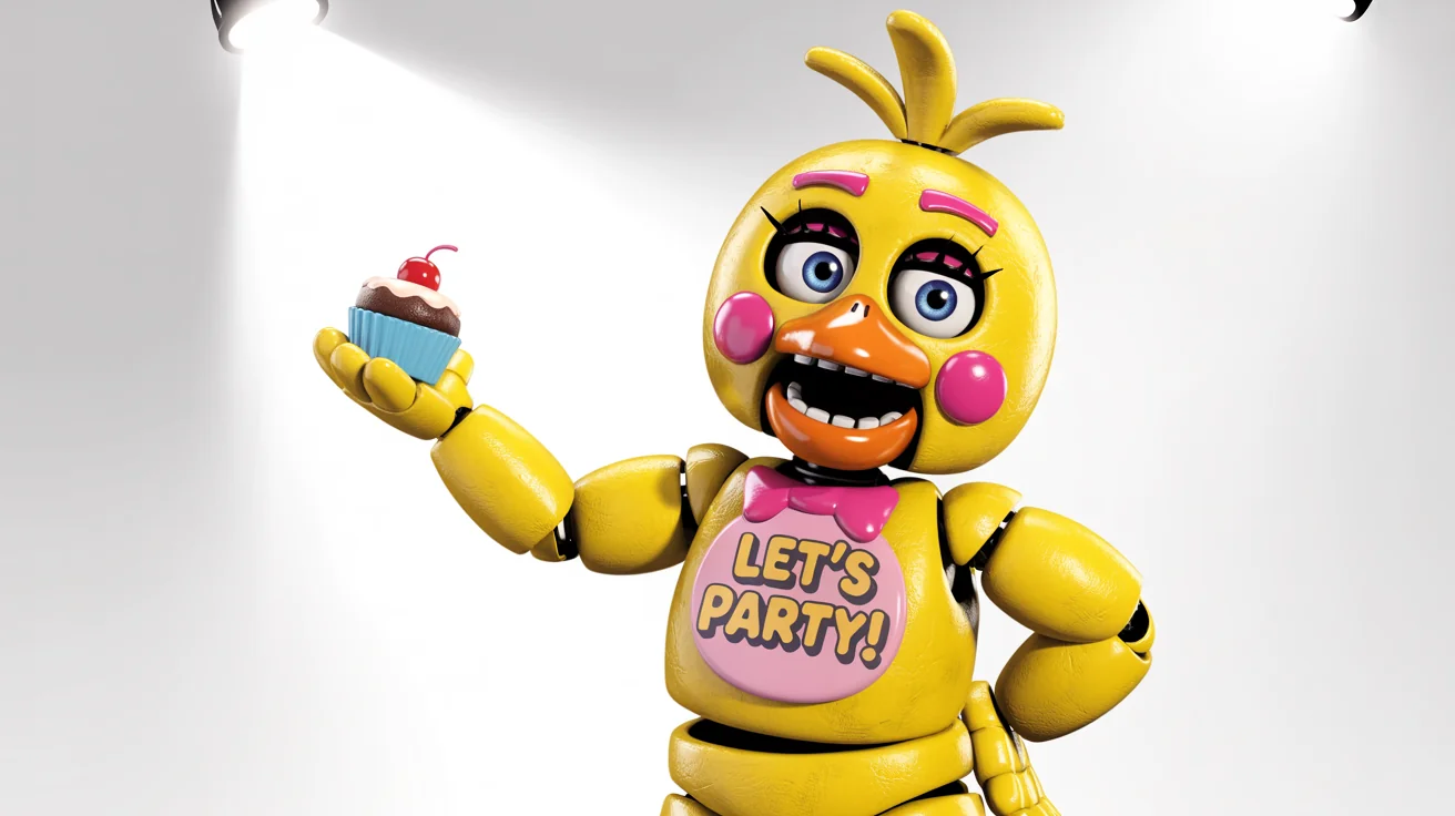 A digital art piece of Toy Chica, a yellow animatronic chicken, posing cheerfully against a white background. She is holding a pink cupcake and wearing a bib that reads 'LET'S PARTY!'.