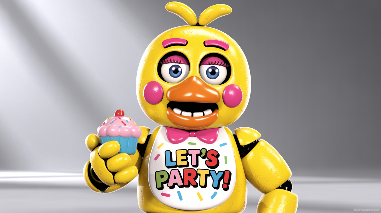A digital art illustration of Toy Chica, a yellow animatronic chicken from Five Nights at Freddy's, holding a cupcake against a white background. Her bib says 'LET'S PARTY!'.