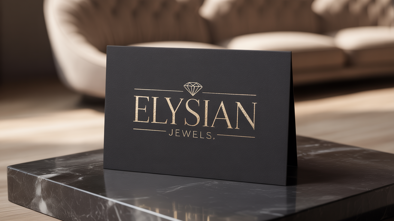 A photorealistic mockup of a luxury jewelry logo for 'Elysian Jewels', presented in gold foil on a dark business card placed on a marble surface.