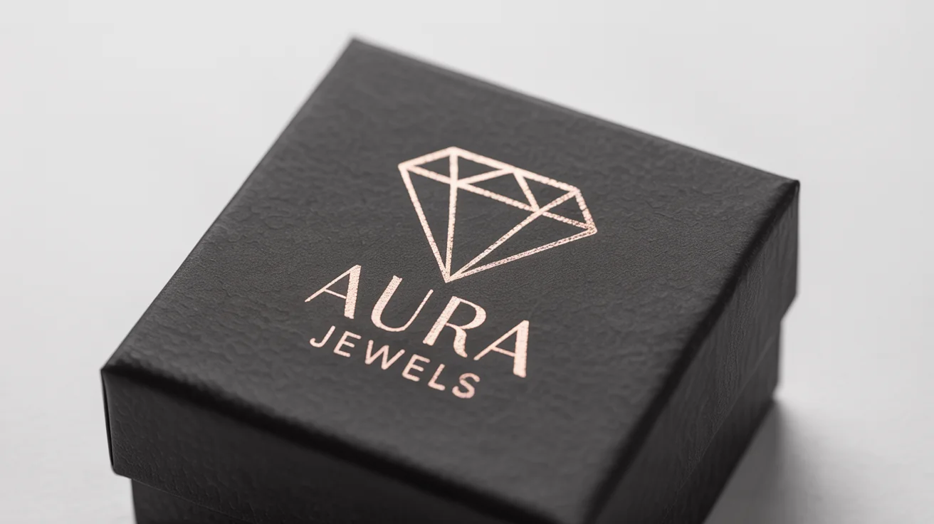 A sophisticated mockup of a jewelry logo, featuring the name 'Aura Jewels' and a geometric diamond stamped in rose gold foil on a matte black box, set against a clean white background.