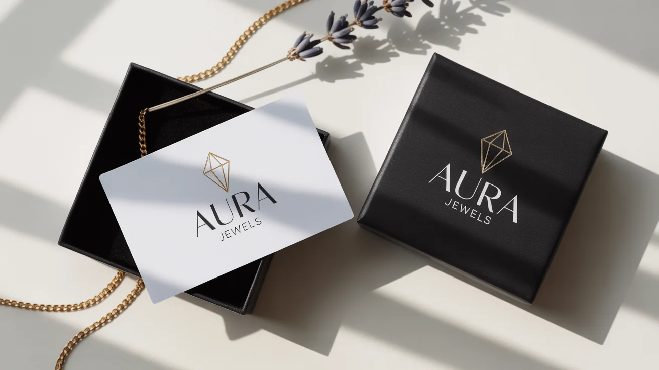 A flat lay mockup of branding for a luxury jewelry company named 'Aura Jewels', showing a business card and jewelry box with a gold logo on a clean white background.