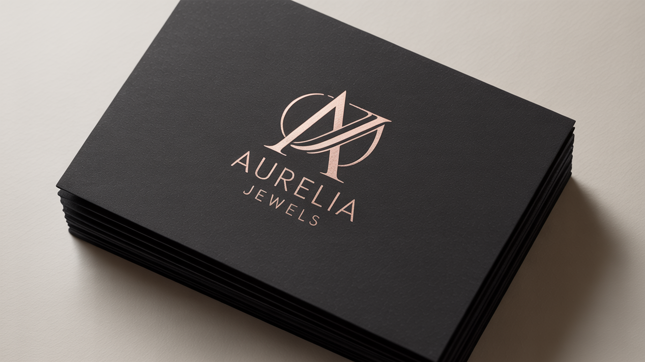A sophisticated mockup of a jewelry logo for 'Aurelia Jewels', embossed in rose gold foil on a matte black card, set against a clean white background.